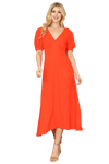 Orange Solid Puff Short Sleeve V Neck Midi Dress - Pack of 5