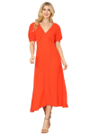 Orange Solid Puff Short Sleeve V Neck Midi Dress - Pack of 5