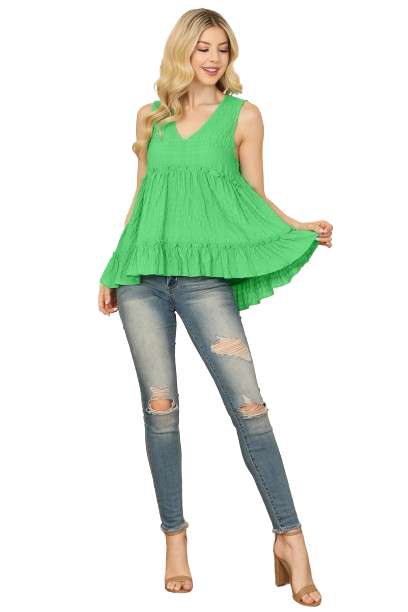 Green Ruffle Merrow Tiered Detail Sleeveless Solid Top - Pack of 6