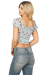 Blue Short Puff Sleeve Rinched Tie Detail Floral Crop Top - Pack of 5