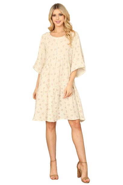 Cream Brown Bell Sleeve Boat Neck Floral Dress -  Pack of 5