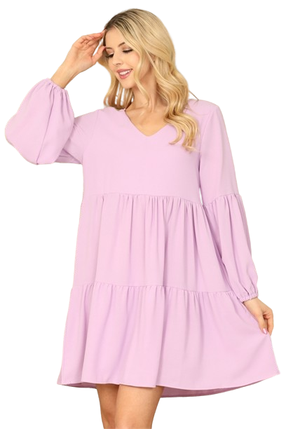 Lavender V-Neck Puff Long Sleeve Babydoll Tiered Solid Dress -  Pack of 5