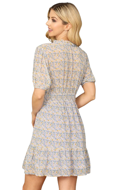 Sky Notch Neck Puff Sleeve Smocked Waist Floral Dress -  Pack of 6