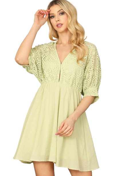 Lime Lace Detail Half Sleeve Back Tie Mini Dress -  Pack of 6