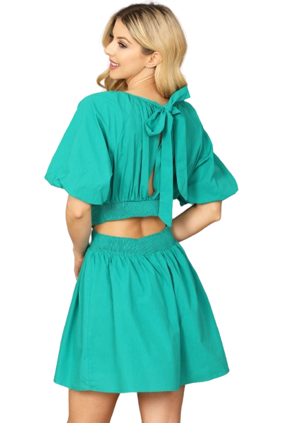 Kelly Green Puff Sleeves Back Ribbon Cut Out Waist Solid Dress -  Pack of 6