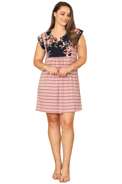 D. Pink Short Sleeve Contrast Floral Stripes Dress - Pack of 6