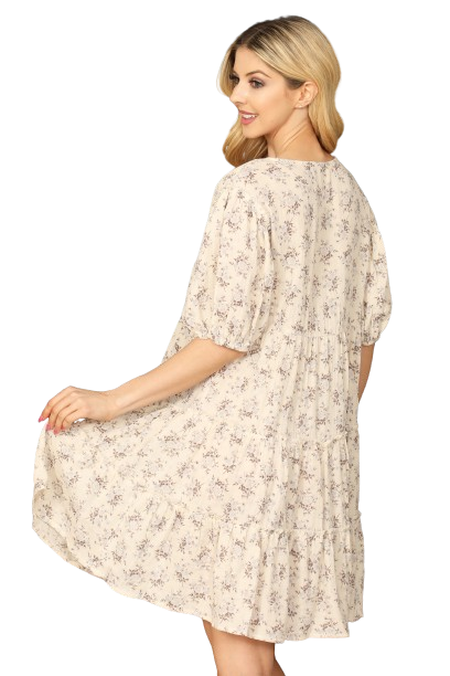 Cream Blue V Neck Puff Sleeve Tiered Floral Dress -  Pack of 5