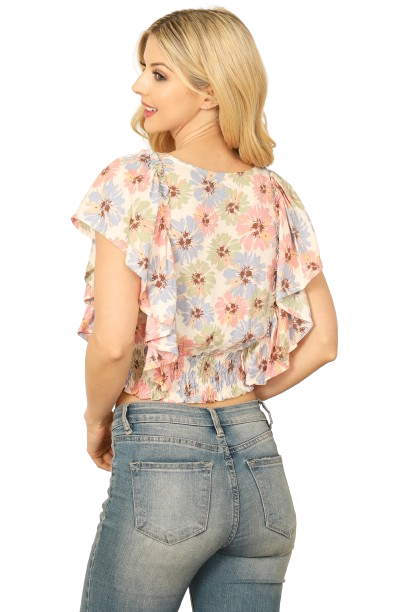 Dusty Coral Blue Wrap Ruffle Detail Smocked Waist Floral Crop Top - Pack of 6