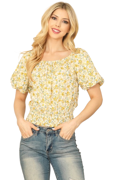 Yellow Off Shoulder Puff Sleeve Smocked Waist Floral Crop Top - Pack of 6