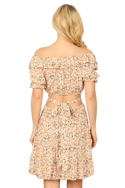 Peach Off Shoulder Puff Sleeve Waist Back Tie Floral Dress -  Pack of 6