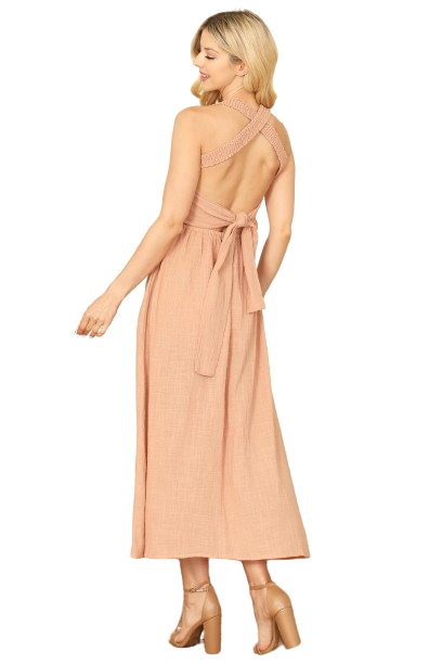 Dusty Peach Halter Cross Tie Back Smocked Pleated Waist Solid Dress -  Pack of 5