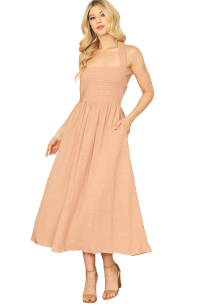 Dusty Peach Halter Cross Tie Back Smocked Pleated Waist Solid Dress -  Pack of 5