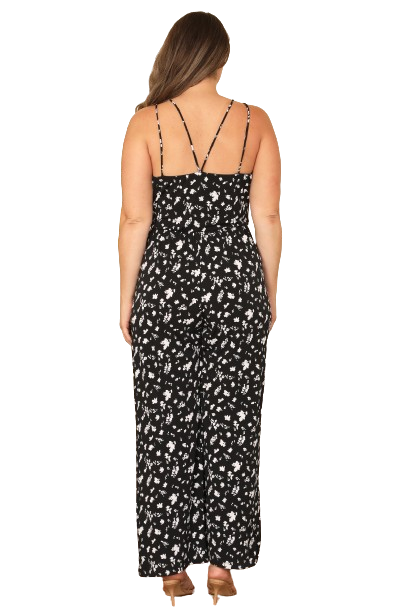 Black White Plus Size Y Neck Strap Floral Jumpsuit - Pack of 6