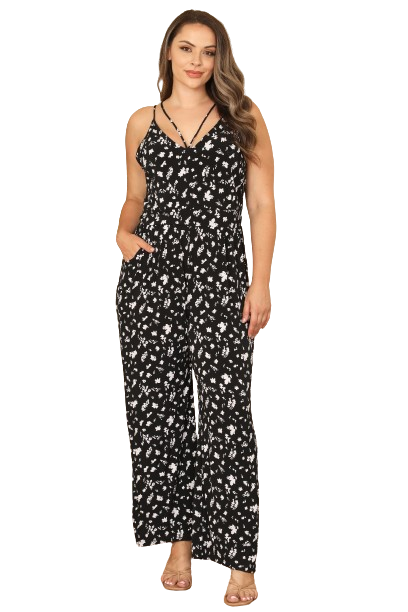 Black White Plus Size Y Neck Strap Floral Jumpsuit - Pack of 6