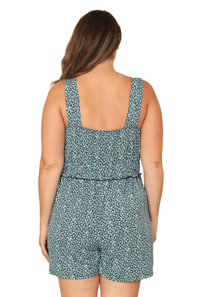 Navy Green Plus Size Square Neck Merrow Detail Ditsy Romper - Pack of 6