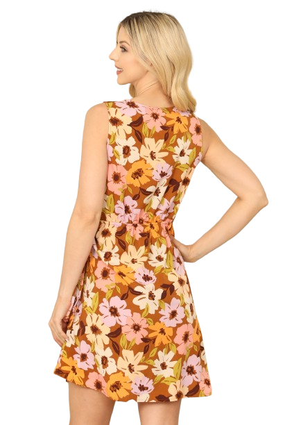 Camel Multi Sleeveless Side Tie Wrap Floral Dress -  Pack of 6