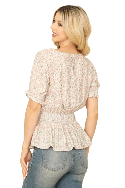Ivory Ruffle Half Sleeve Smocked Waist Floral Top - Pack of 6