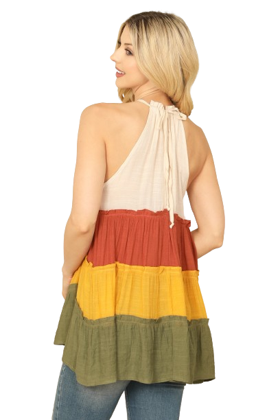 Sand Multi Halter Color Block Ruffle Tiered Top - Pack of 6