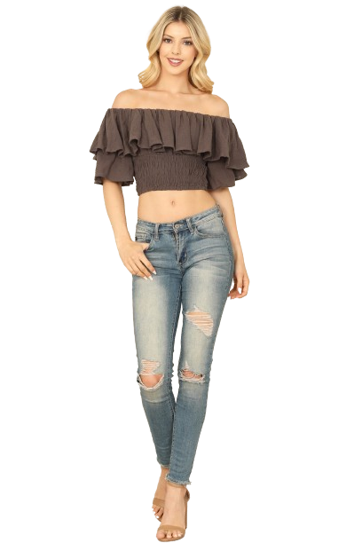 Charcoal Ruffle Off Shoulder Smocked Waist Crop Top - Pack of 5