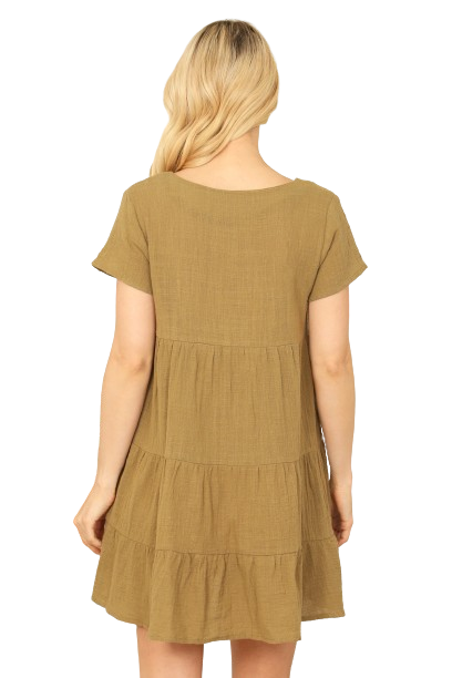 Olive Short Sleeve V Neck Button Down Solid Babydoll Dress  -  Pack of 5