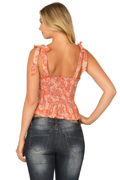 Orange Lilac Tie Strap Smocked Ruffle Hem Floral Crop Top - Pack of 5