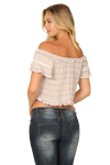 White Taupe Off Shoulder Lace Detail Ruffle Printed Crop Top - Pack of 5