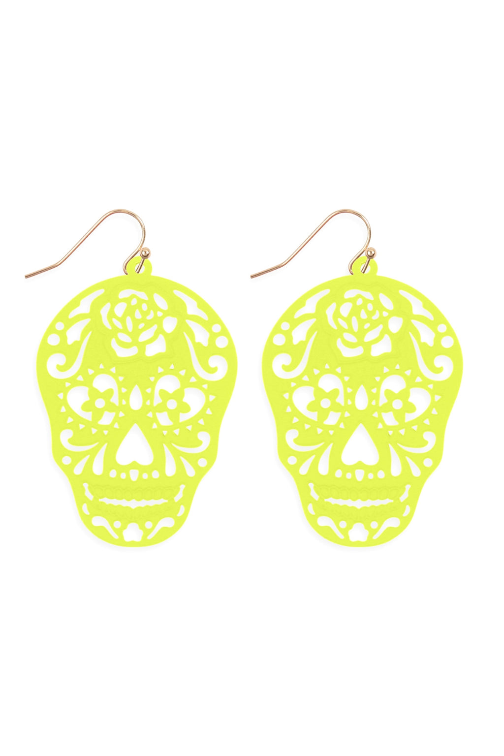 Halloween Skull Color Coating Filigree Earrings Neon Yellow - Pack of 6