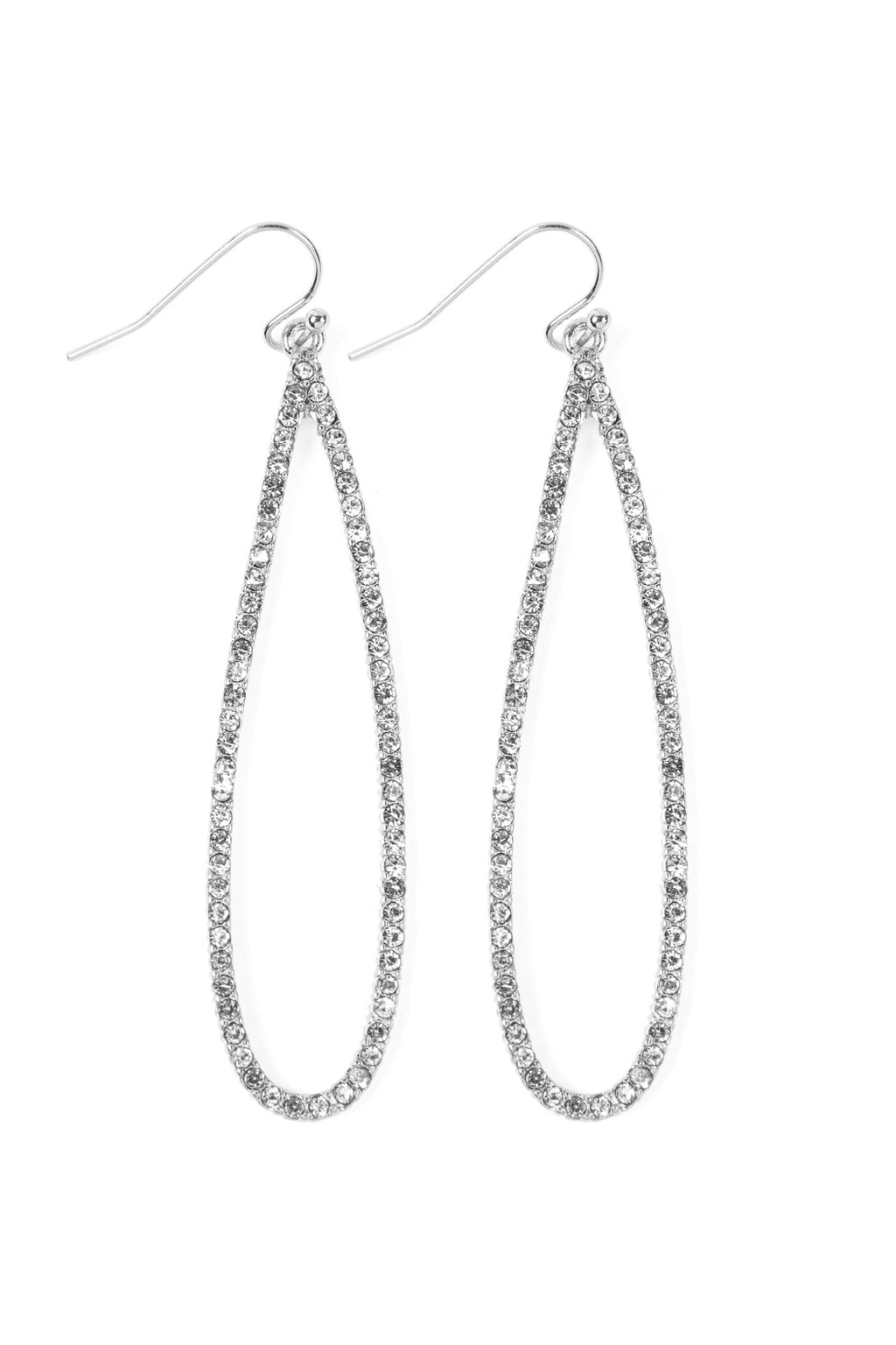 Pave Long Teardrop Fish Hook Earrings Silver Crystal - Pack of 6