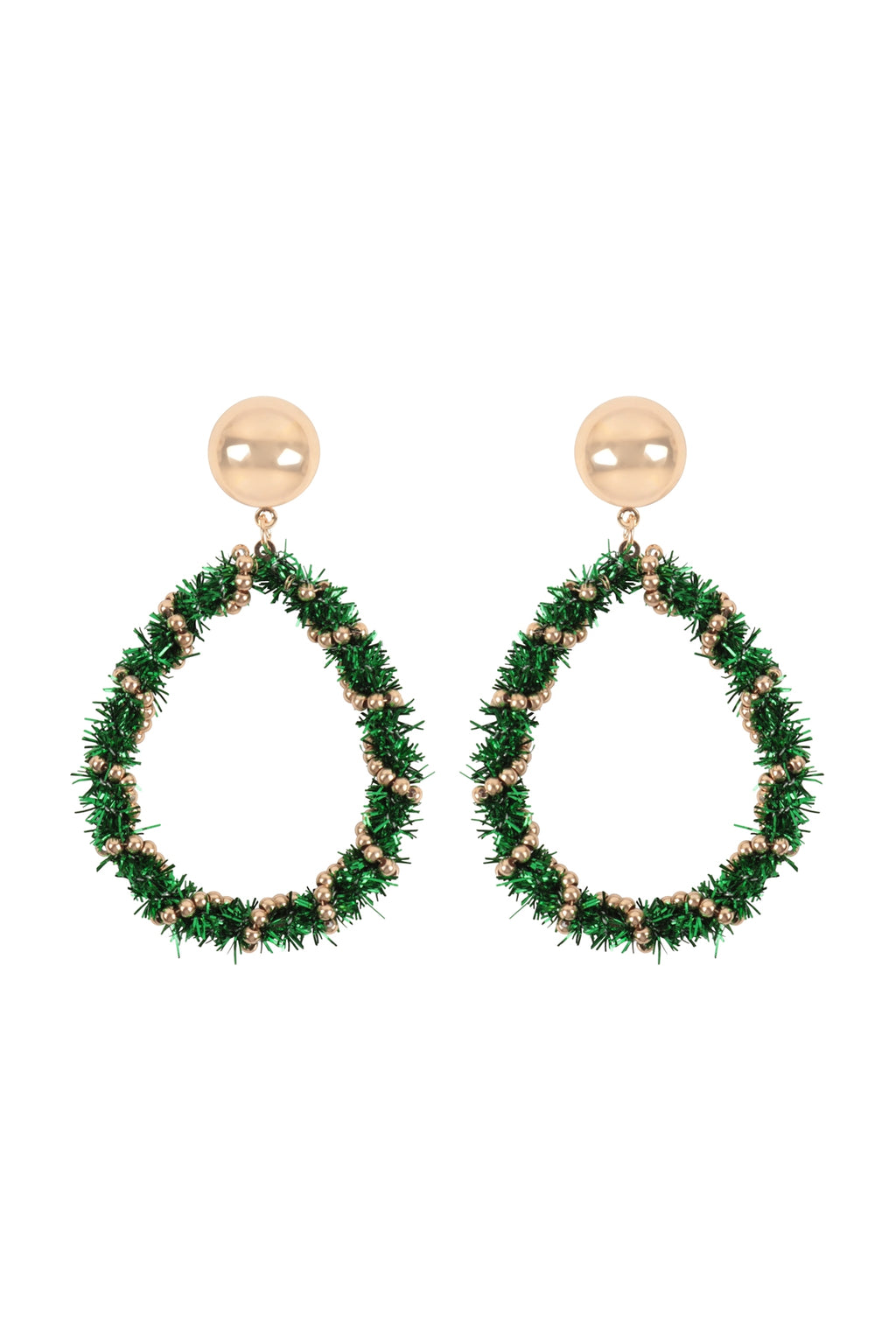 Christmas Wreath Tinsel Teardrop Shape Earrings Green - Pack of 6