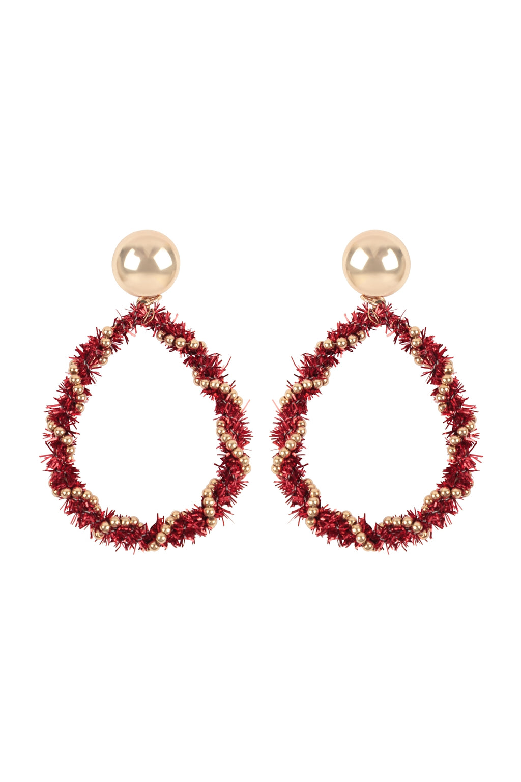 Christmas Wreath Tinsel Teardrop Shape Earrings Red - Pack of 6