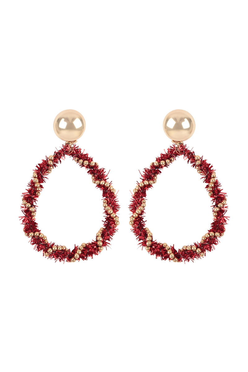 Christmas Wreath Tinsel Teardrop Shape Earrings Red - Pack of 6
