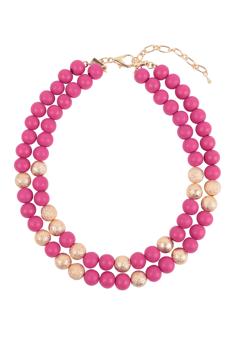 Wood, CCB 2 Line Beaded Necklace Fuchsia - Pack of 6