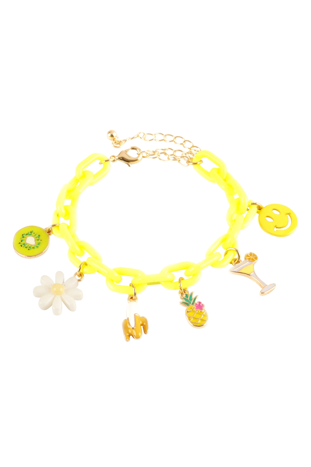 Acetate Chain Flower, Pineapple, Smiley Charm Tropical Bracelet Gold Yellow - Pack of 6