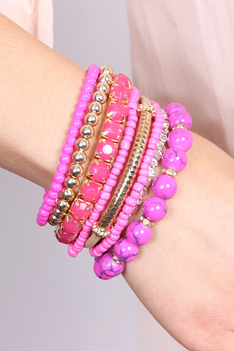 Fuchsia Multicolor Stretch Bracelet - Pack of 6