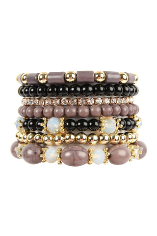 Charm Mix Beads Natural Stone Wood Layered Stackable Versatile Bracelet Set Black - Pack of 6