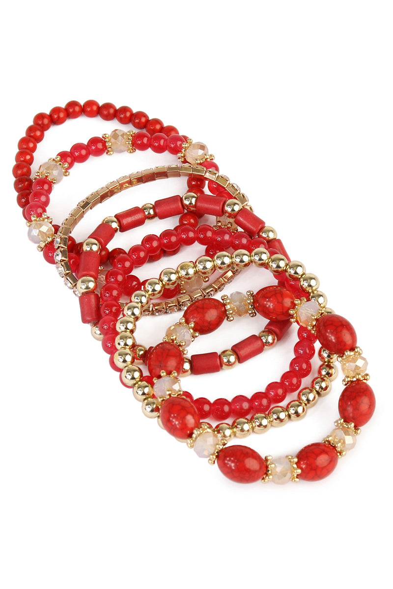 Red Multi Bead Stackable Bracelet - Pack of 6