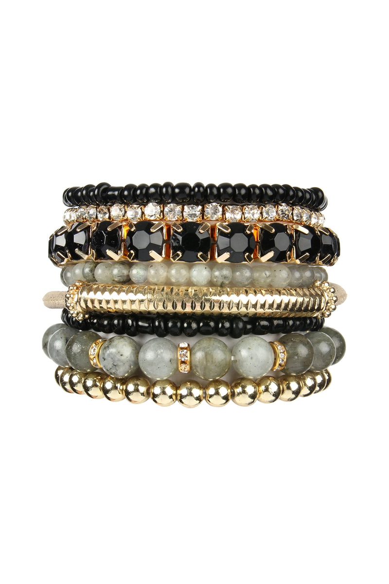 Regular Size Stackable Beads Bracelet Set Black- Pack of 6