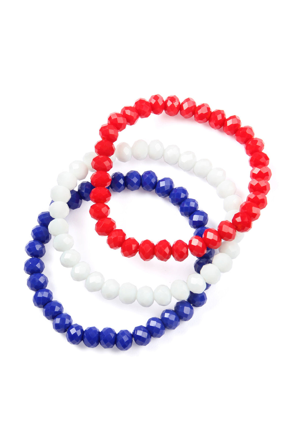 Red White Blue Three Glass Beads Stretch Bracelet - Pack of 6
