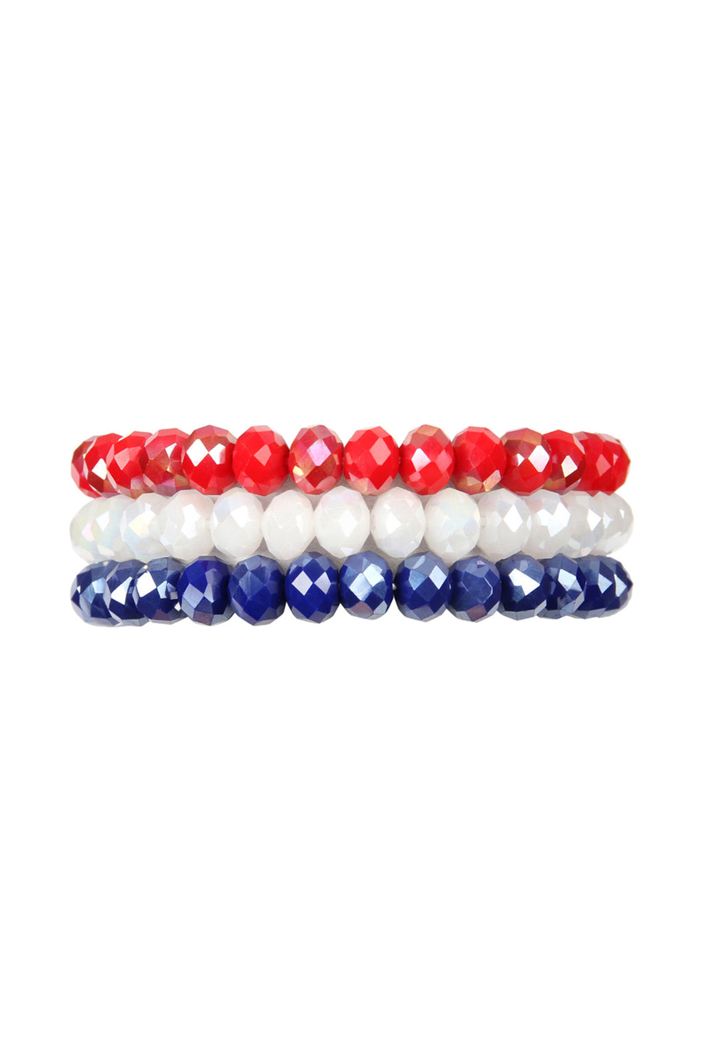 Iridescent Red White Blue Three Glass Beads Stretch Bracelet - Pack of 6