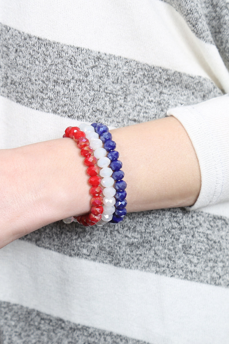 Iridescent Red White Blue Three Glass Beads Stretch Bracelet - Pack of 6