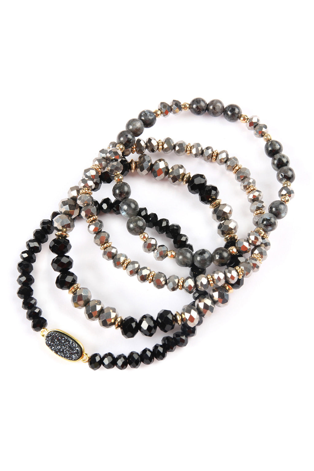Black Druzy Oval Mixed Beads Bracelet Set - Pack of 6