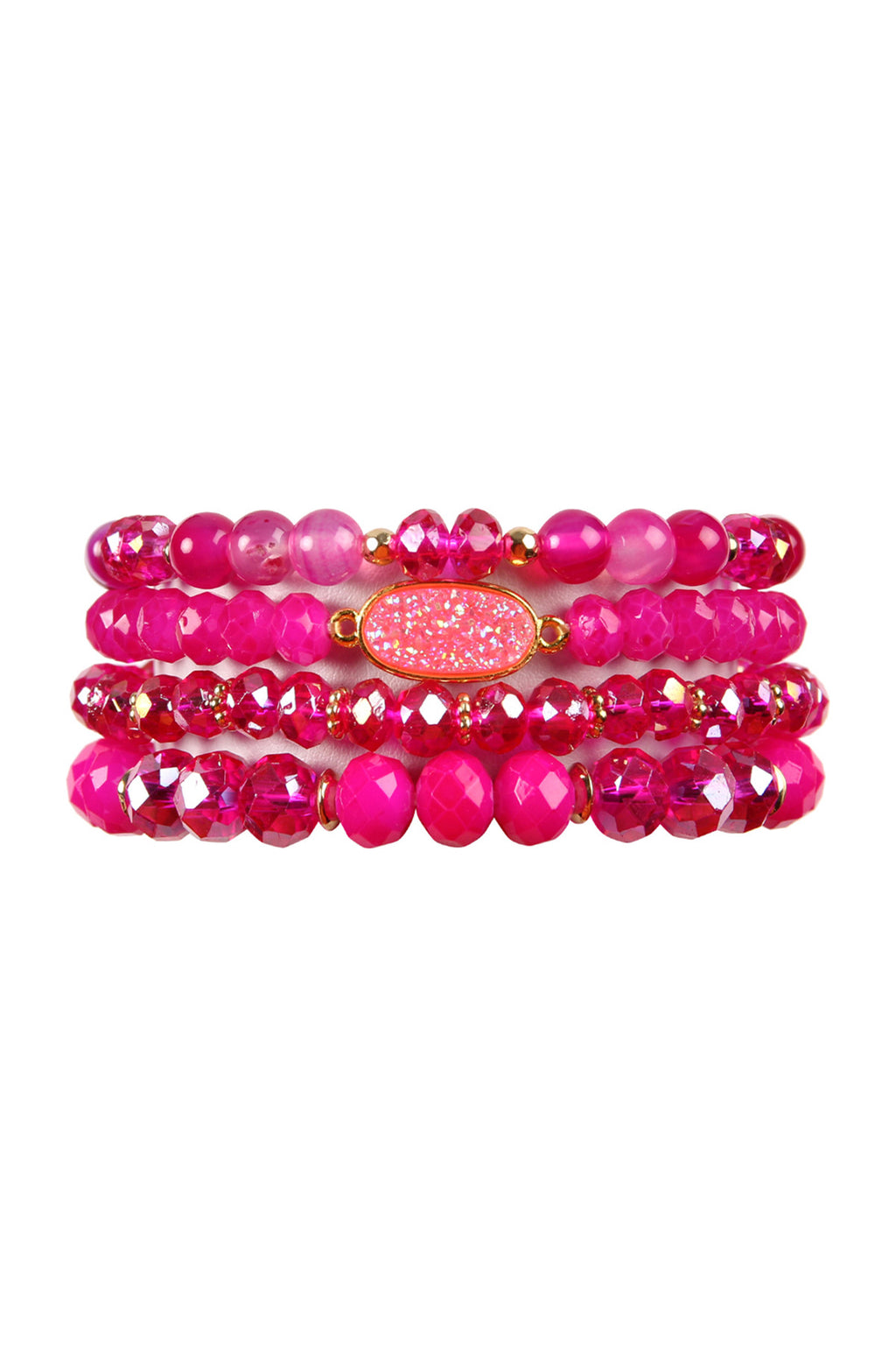 Fuchsia Druzy Oval Mixed Beads Bracelet Set - Pack of 6