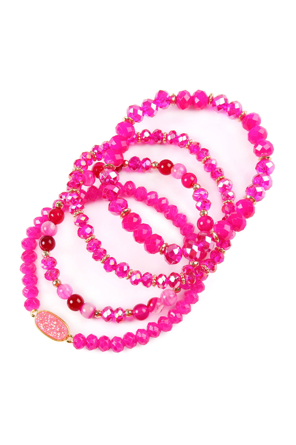 Fuchsia Druzy Oval Mixed Beads Bracelet Set - Pack of 6
