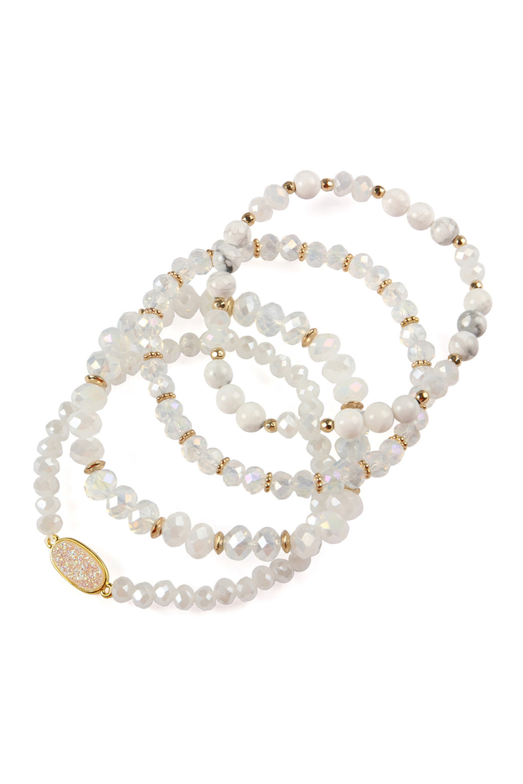White Druzy Oval Mixed Beads Bracelet Set - Pack of 6