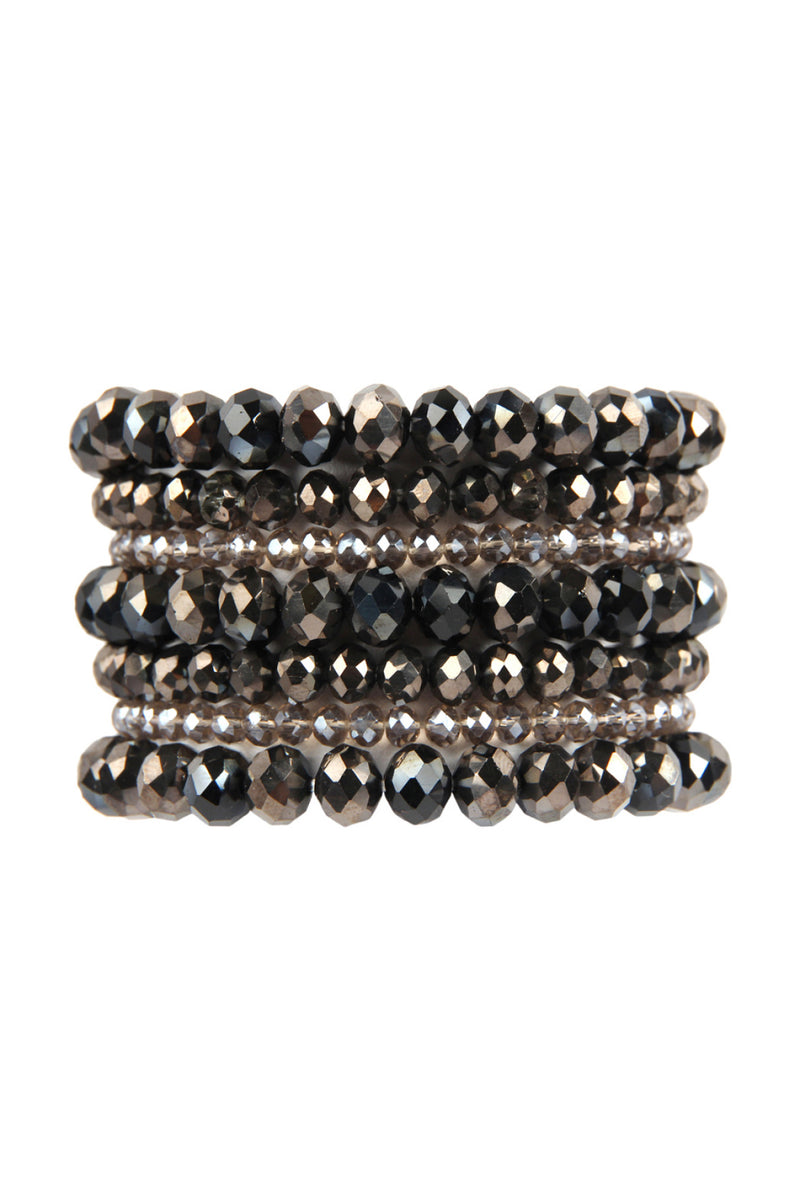 Black Hematite Seven Lines Glass Beads Stretch Bracelet - Pack of 6