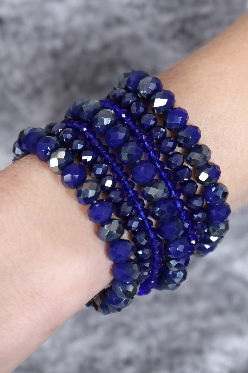 Sapphire Seven Lines Glass Beads Stretch Bracelet - Pack of 6