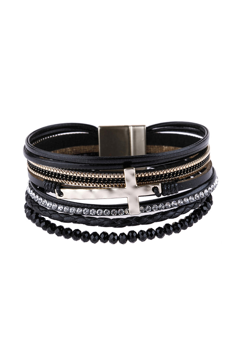 Black Cross Leather Wrap Glass Beads Magnetic Bracelet - Pack of 6