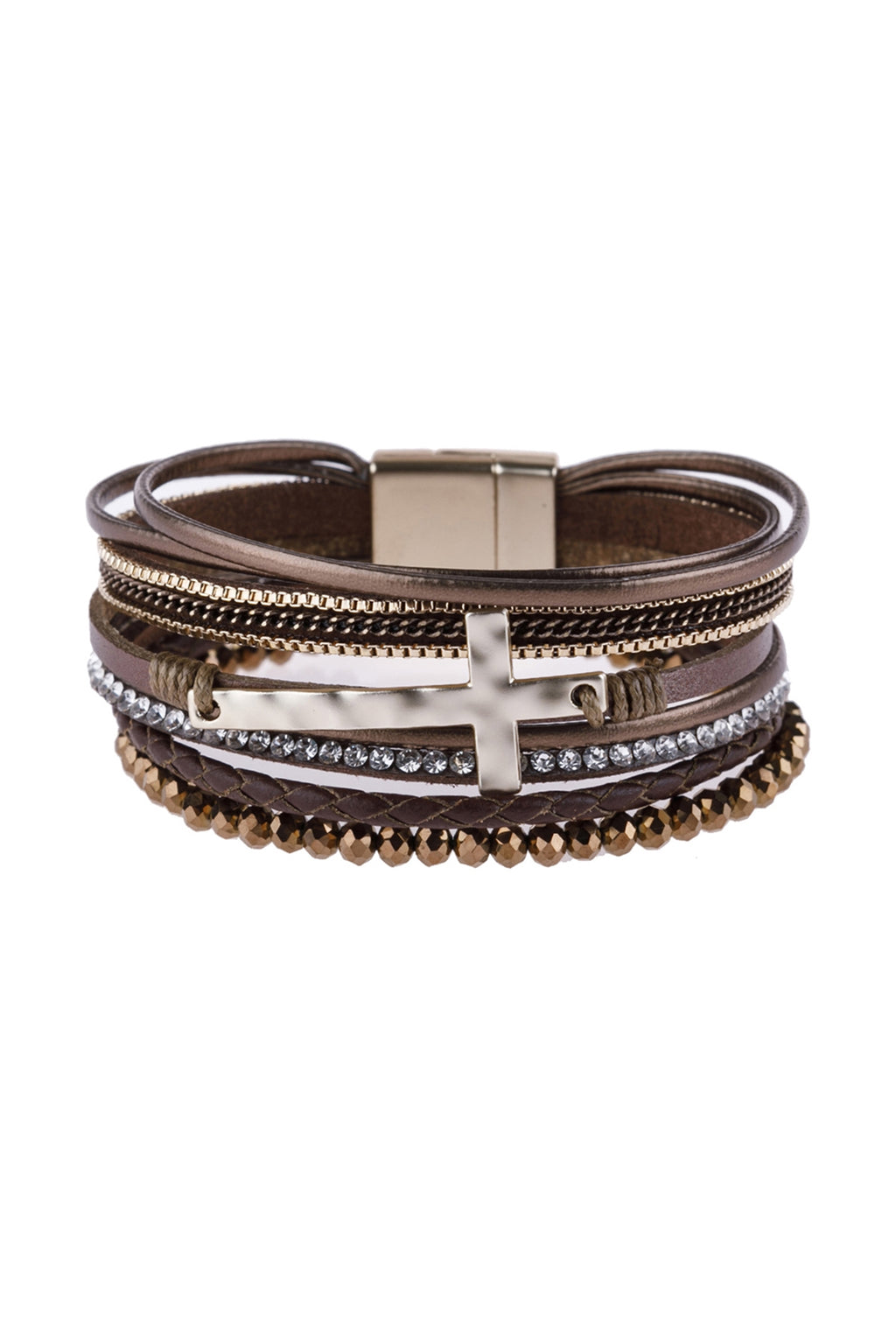 Brown Cross Leather Wrap Glass Beads Magnetic Bracelet - Pack of 6