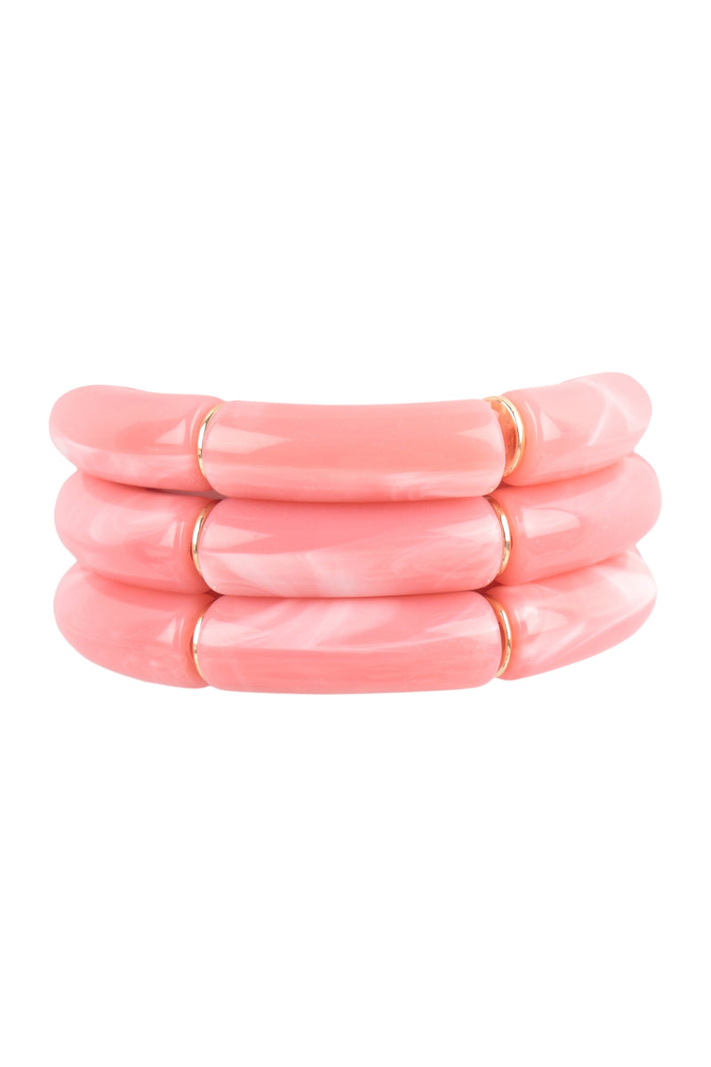 Tubular Bead Acrylic 3 Set Bangle Bracelet Pink - Pack of 6