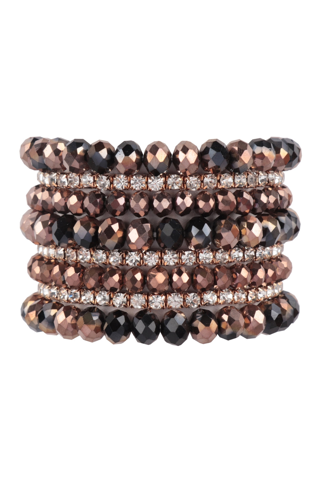 Rondelle, Rhinestone Beads Stackable Bracelet Set Black Brown - Pack of 6